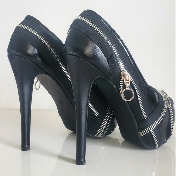 Show Story Punk Zip Peeptoe Platform 5.5" Heels Pumps Stilletto Black Sexy New - Picture 8 of 15